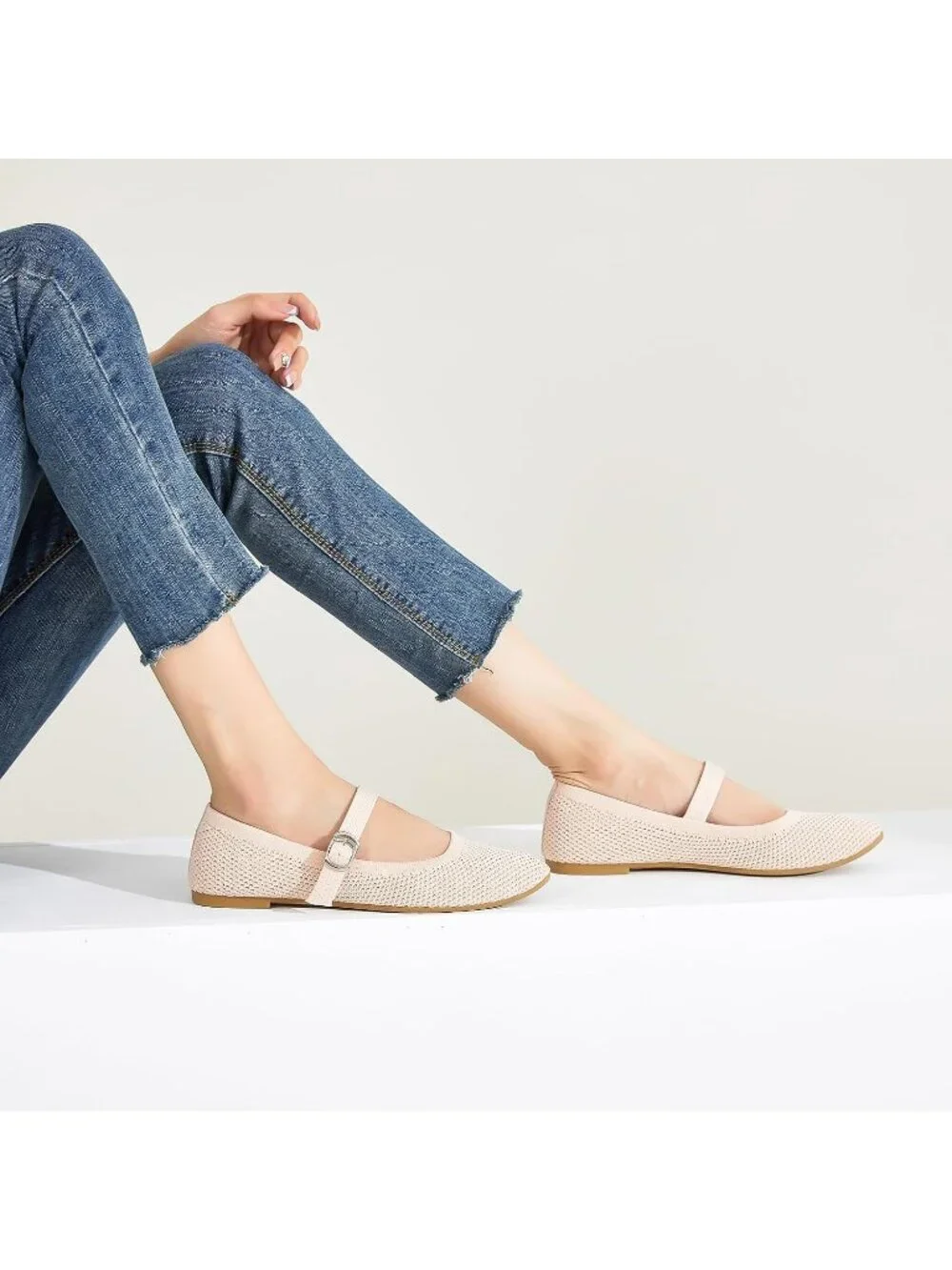 Women's Nude Knit Mesh Ballet Flat Foldable With Buckle Strap Comfortable Shoes